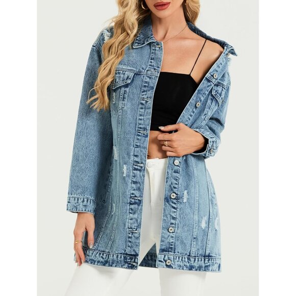 Long Denim Jacket Women Oversized Ripped Casual Fall Streetwear - Picture 4 of 6